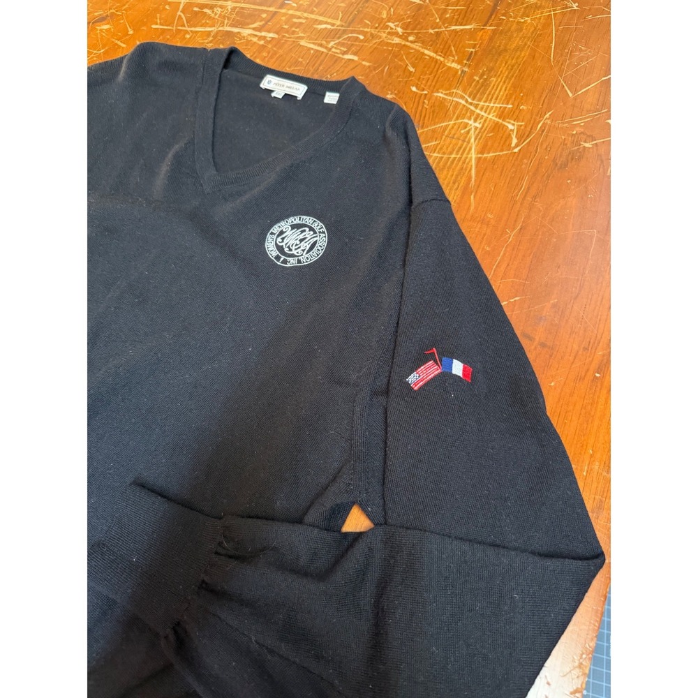 Peter Millar XXL Black Merino Wool V-Neck Sweater WMGA Golf Flags Logo Mens - Picture 7 of 13